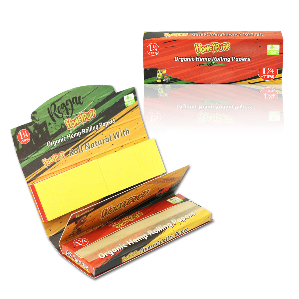HONEYPUFF Rasta Style Rolling Papers with Rolling Tips, 1 1/4 Size Rolling Paper, Natural Slow Burning Papers, 50 PCS