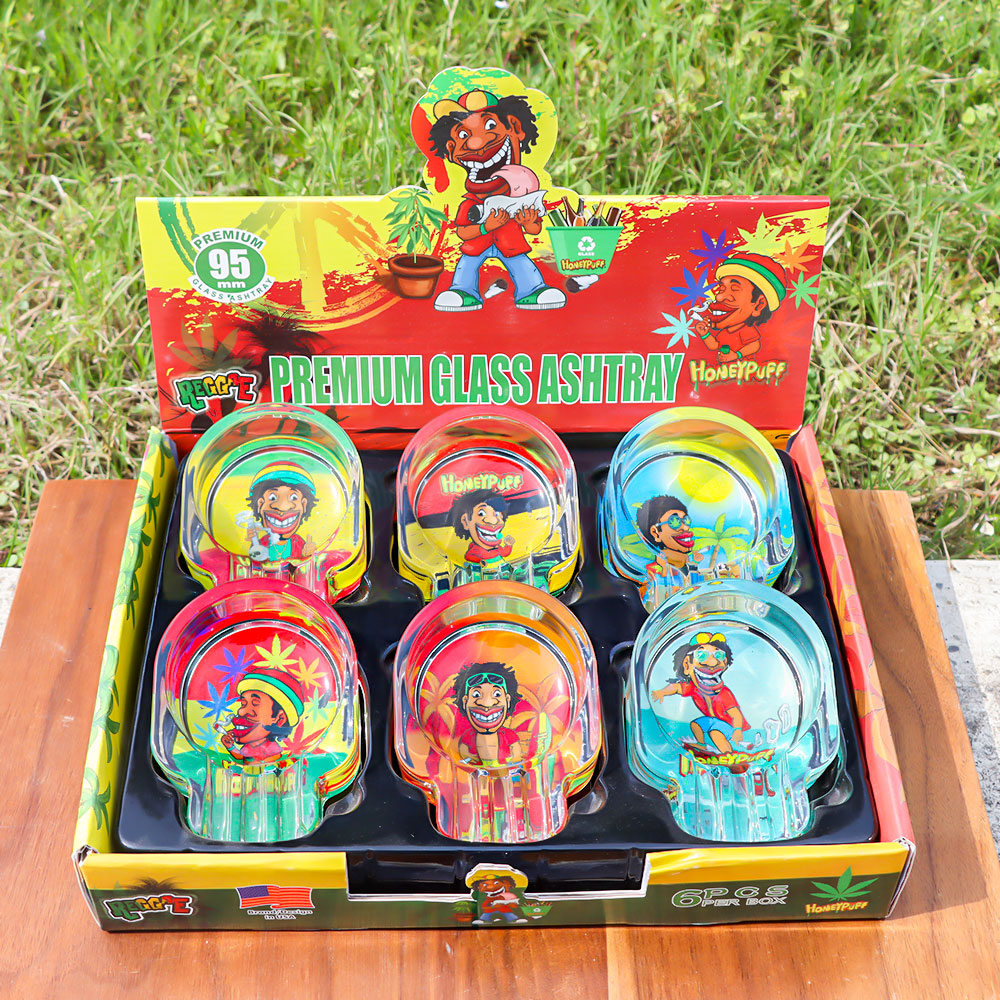HONEYPUFF Skull Glass Ashtray, Three Cigarette Holders Ash Tray, Easy Clean Glass Cigarette Ashtray, 6 PCS