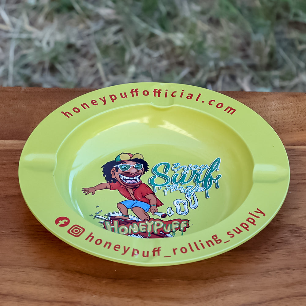 HONEYPUFF Green Tinplate Metal Ashtray, Mini Size Ash Tray with Cigarette Holder, Easy Clean Metal Cigarette Ashtray & Portable