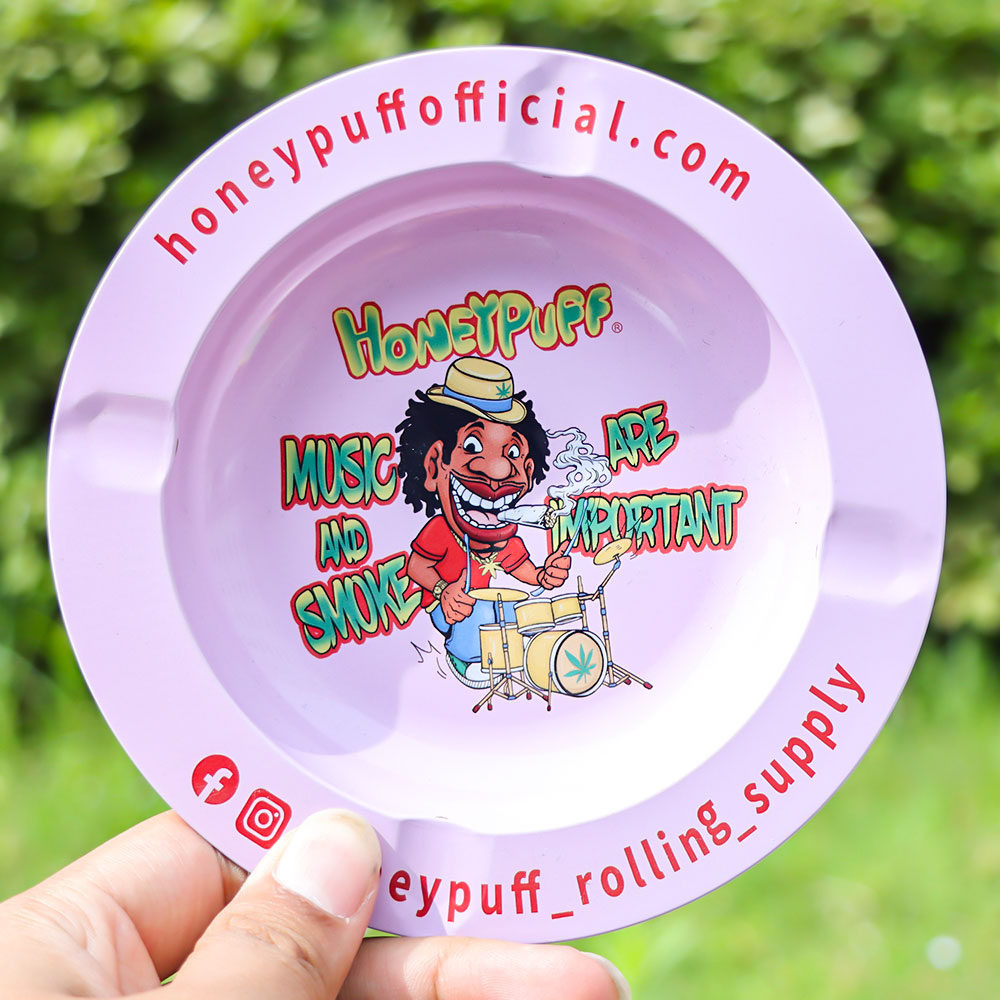 HONEYPUFF Pink Tinplate Metal Ashtray, Mini Size Ash Tray with Cigarette Holder, Easy Clean Metal Cigarette Ashtray & Portable