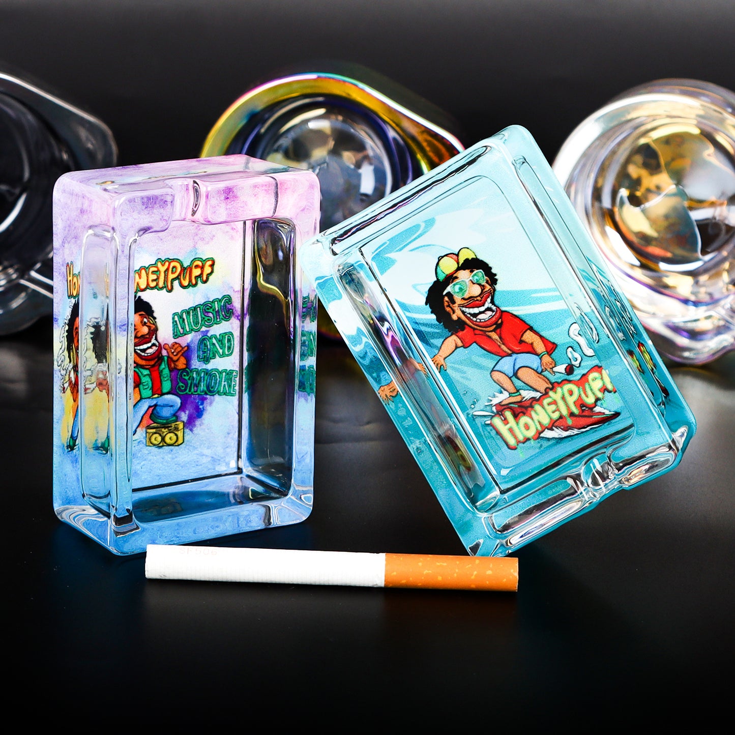 HONEYPUFF 86 mm Rectangle Shape Glass Ashtray, Decorative Ash Tray, Portable Cigarette Ashtray with Cigarette Holder