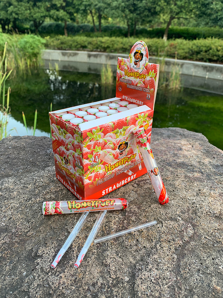 HONEYPUFF Strawberry Flavored Pre Rolled Cones, 1 1/4 Size Pre Rolled Rolling Paper with Tips, Transparent & Slow Burning Rolled Paper, 2 PCS per Tube