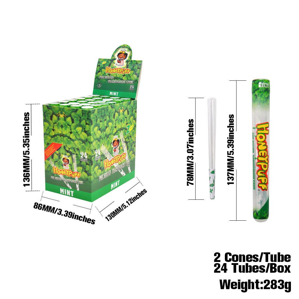 HONEYPUFF 1 1/4 Größe, Minzgeschmack, vorgerollte Hülsen, transparente Zigarettenpapiere, 2 Stück/Tube, 24 Tuben/Box