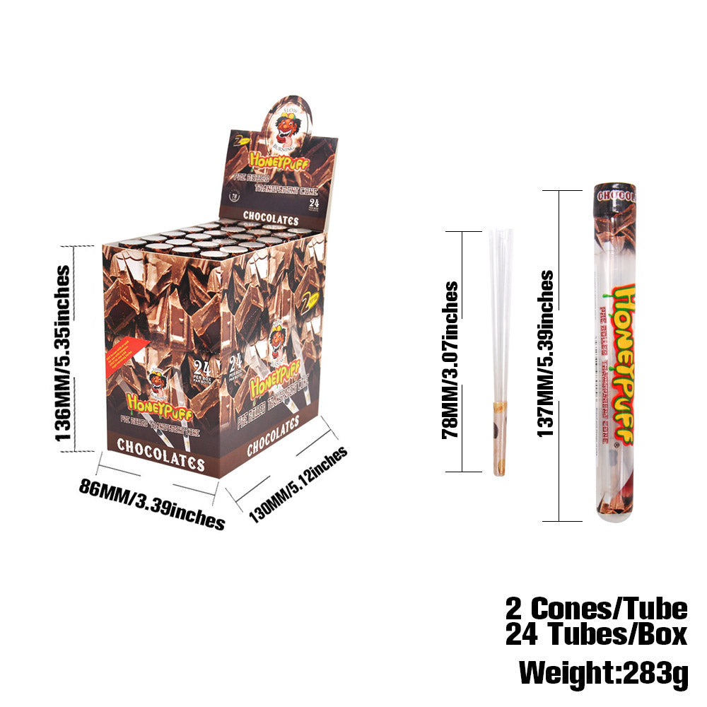HONEYPUFF Schokoladengeschmack, vorgerollte Tüten, transparente Zigarettenpapiere, vorgerollte Zigarettenpapiere der Größe 1 1/4 mit Tips, 2 Stück pro Tube