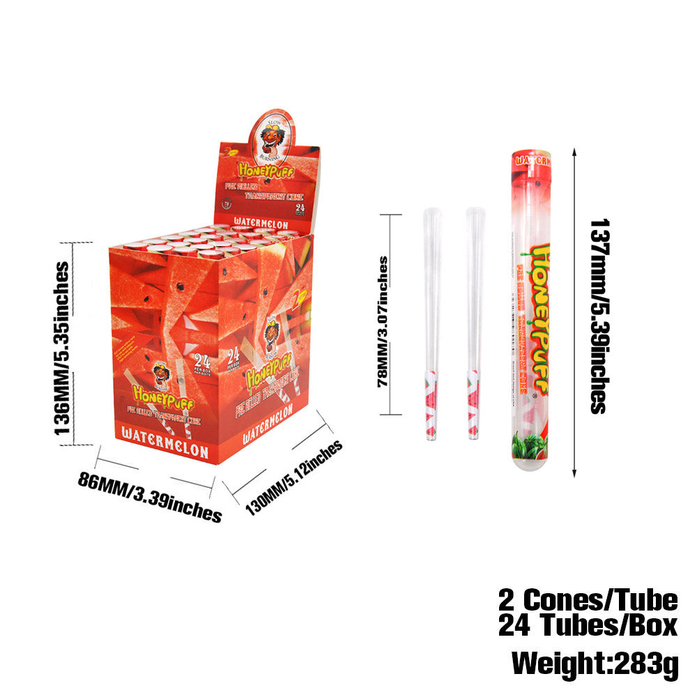 HONEYPUFF Wassermelonengeschmack, vorgerollte Tüten, transparente Zigarettenpapiere, vorgerollte Zigarettenpapiere der Größe 1 1/4 mit Tips, 2 Stück pro Tube