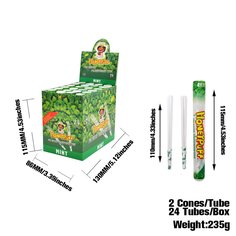 HONEYPUFF Mint Flavored Pre Rolled Cones, King Size Pre Rolled Rolling Paper with Tips, Transparent & Slow Burning Rolled Paper, 2 PCS per Tube
