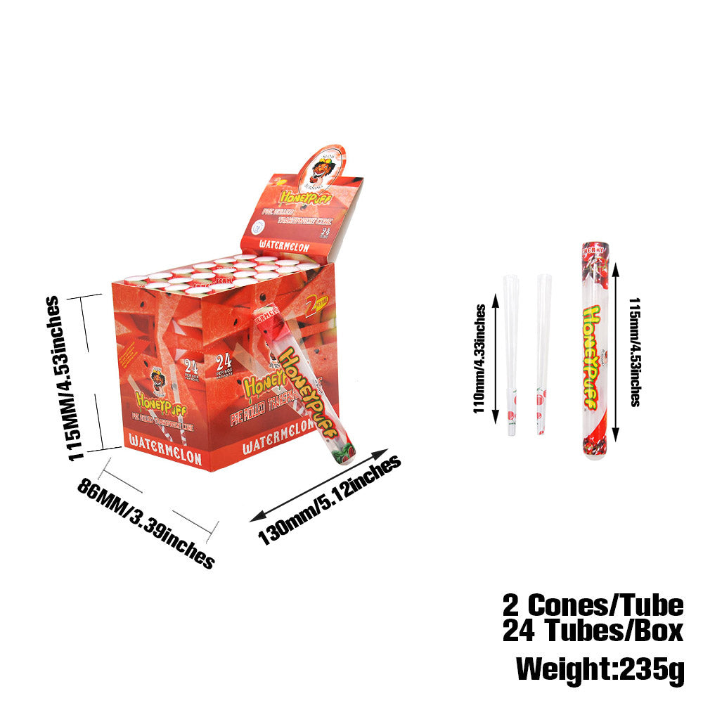 HONEYPUFF Watermelon Flavor Pre Rolled Cones, Clear Rolling Papers, King Size Pre Rolled Rolling Paper with Tips, 2 PCS per Tube
