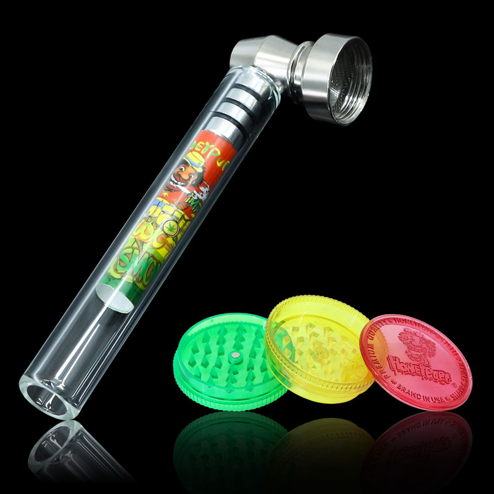 HONEYPUFF Herb Grinder Kit, Glass Hand Pipe With Metal Bowl, Plastic Herb Grinder, 5 PCS Stainless Steel Pipe Screen