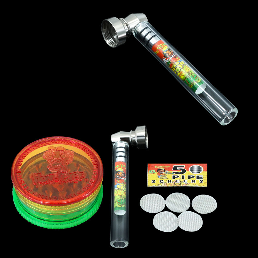 HONEYPUFF Herb Grinder Kit, Glass Hand Pipe With Metal Bowl, Plastic Herb Grinder, 5 PCS Stainless Steel Pipe Screen