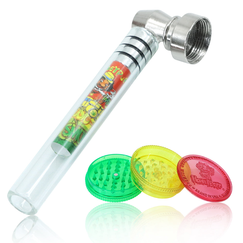 HONEYPUFF Herb Grinder Kit, Glass Hand Pipe With Metal Bowl, Plastic Herb Grinder, 5 PCS Stainless Steel Pipe Screen