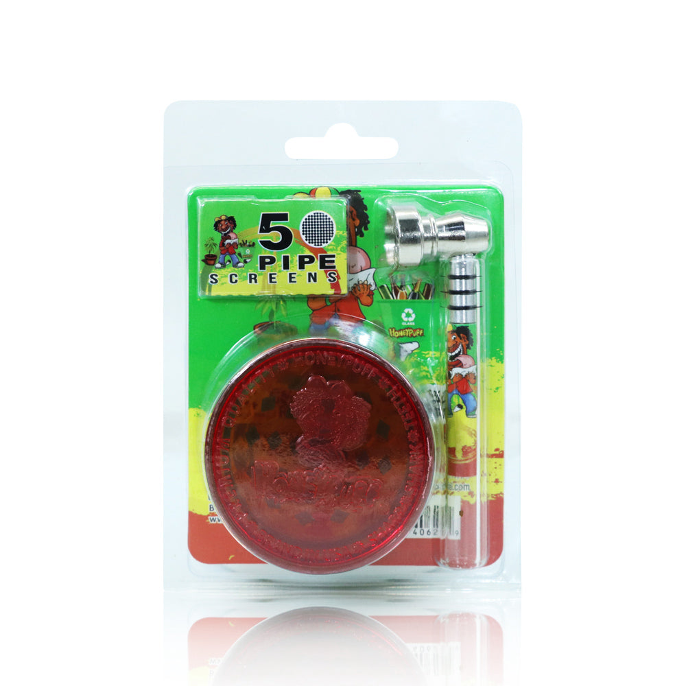 HONEYPUFF Herb Grinder Kit, Glass Hand Pipe With Metal Bowl, Plastic Herb Grinder, 5 PCS Stainless Steel Pipe Screen