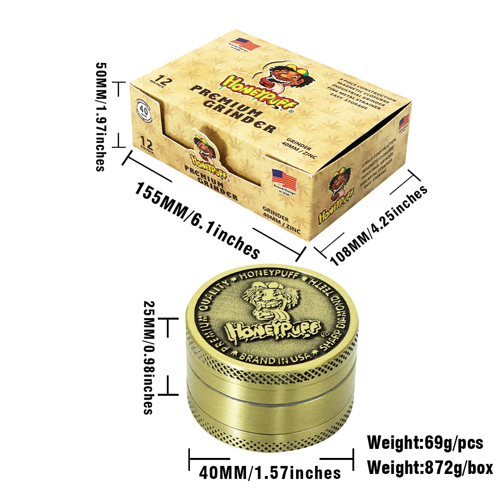 HONEYPUFF 40 mm Zinc Alloy Herb Grinder, 3 Lay Metal Tobacco Grinder, Easy Clean Weed Grinder, 6 PCS / Box
