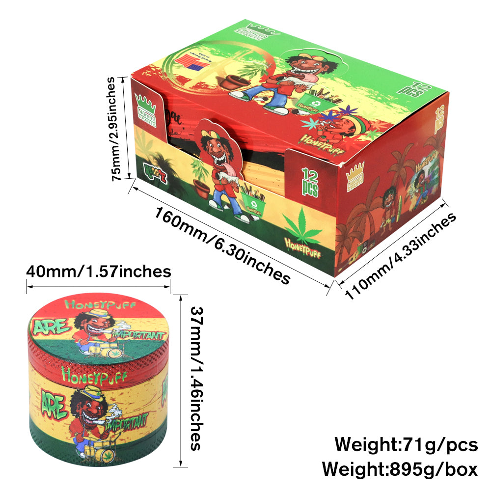 HONEYPUFF 40 mm Zinc Metal Herb Grinder, Rasta Style 4 Lay Smoker Grinder, 6 PCS / Box