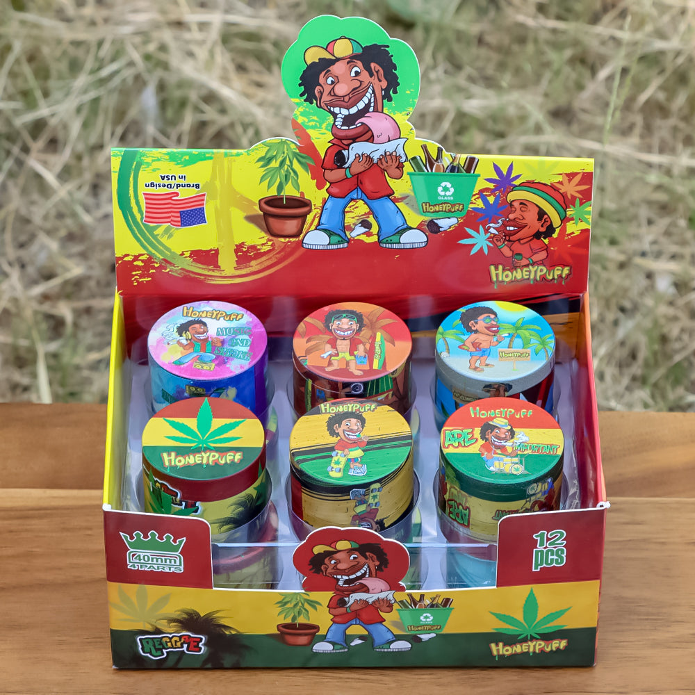 HONEYPUFF 40 mm Zinc Metal Herb Grinder, Rasta Style 4 Lay Smoker Grinder, 6 PCS / Box
