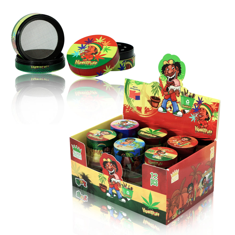 HONEYPUFF 40 mm Zinc Metal Herb Grinder, Rasta Style 4 Lay Smoker Grinder, 6 PCS / Box