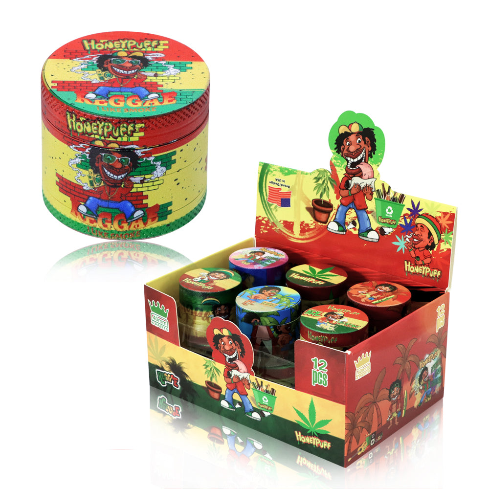 HONEYPUFF 40 mm Zinc Metal Herb Grinder, Rasta Style 4 Lay Smoker Grinder, 6 PCS / Box