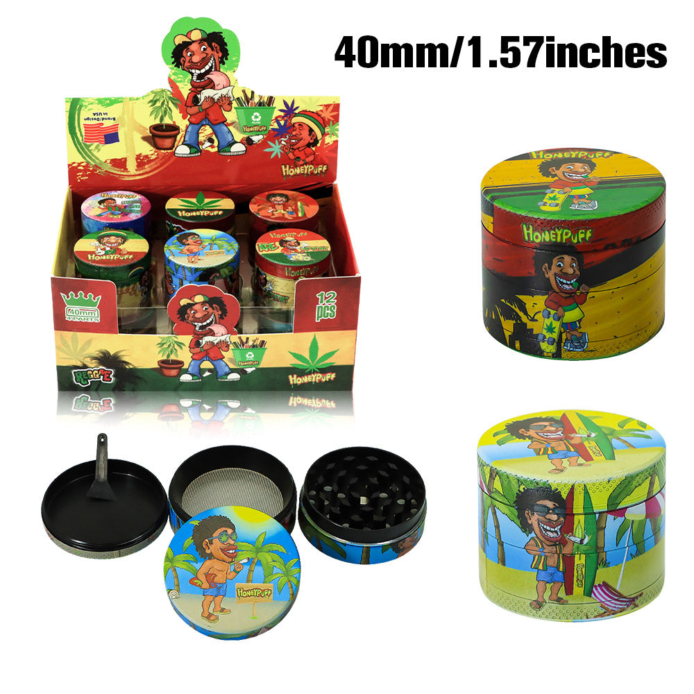 HONEYPUFF 40 mm Zinc Metal Herb Grinder, Rasta Style 4 Lay Smoker Grinder, 6 PCS / Box