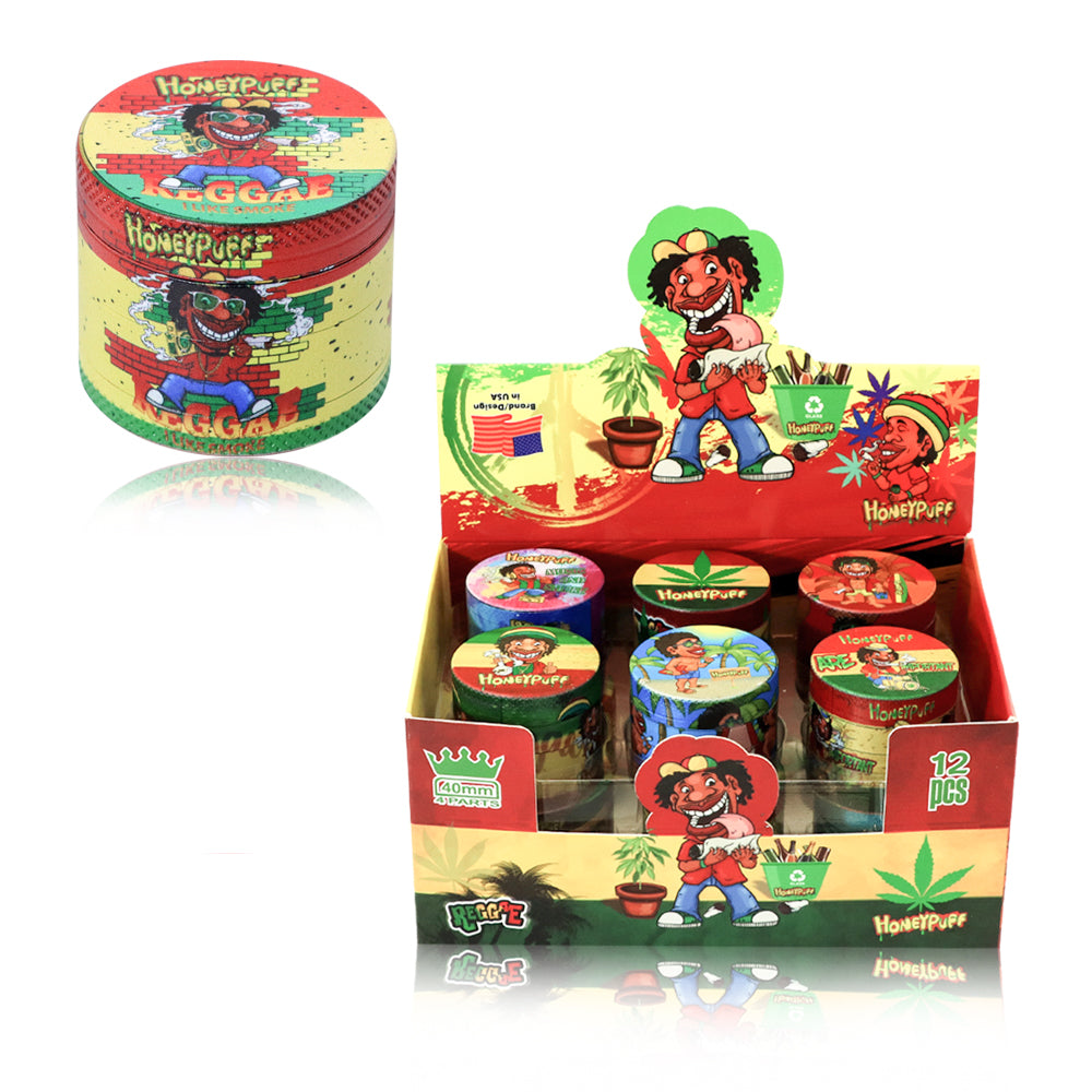 HONEYPUFF 40 mm Zinc Metal Herb Grinder, Rasta Style 4 Lay Smoker Grinder, 6 PCS / Box