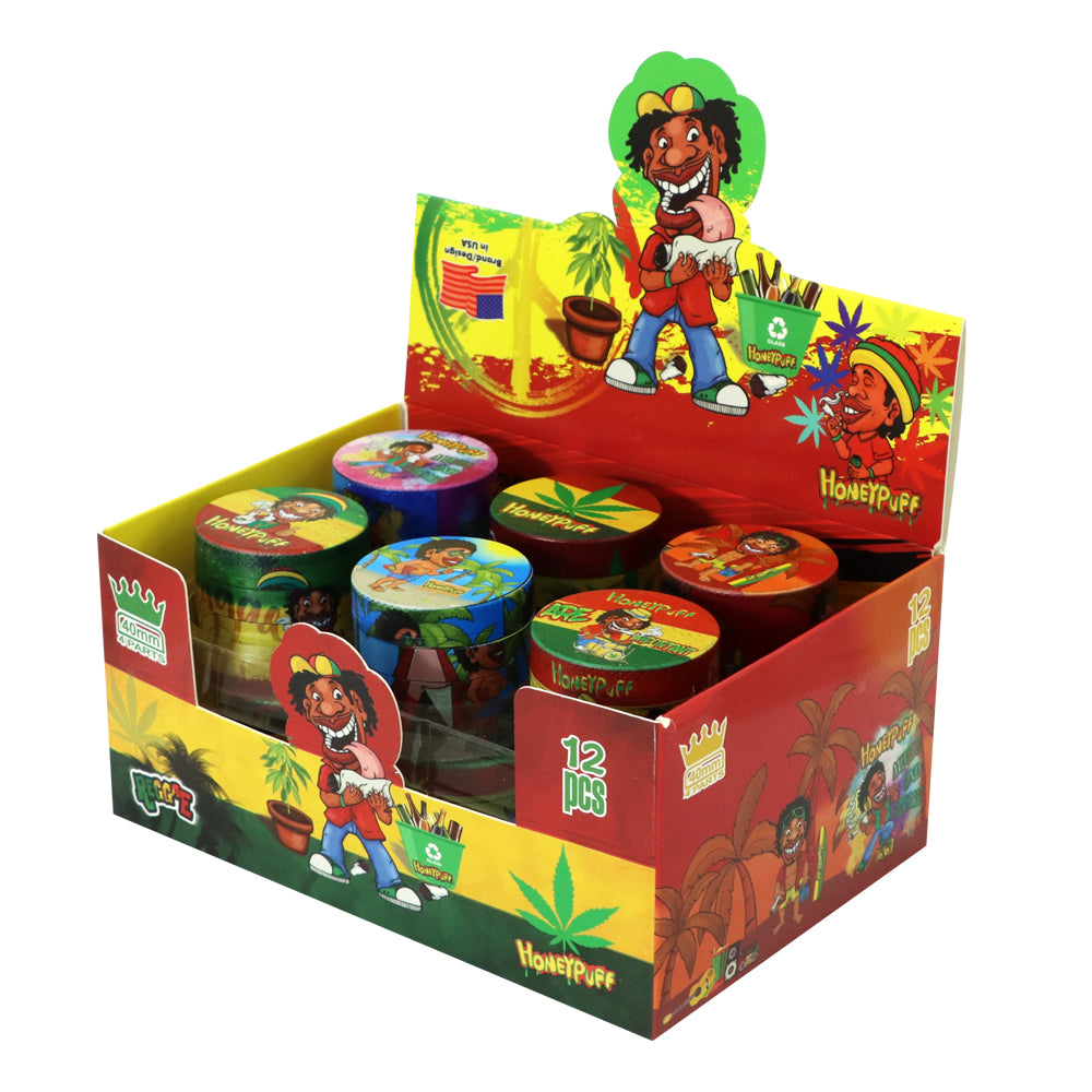 HONEYPUFF 40 mm Zinc Metal Herb Grinder, Rasta Style 4 Lay Smoker Grinder, 6 PCS / Box