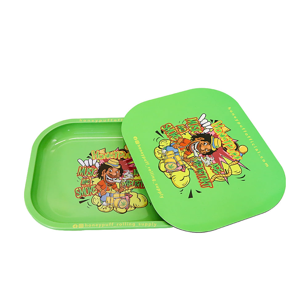 HONEYPUFF Green Tinplate Metal Rolling Tray, Soft Magnetic Lid Cigarette Rolling Tray, Smooth Rounded Edge Rolling Paper Tray, 7” x 5.5” Small Size Portable Rolling Trays