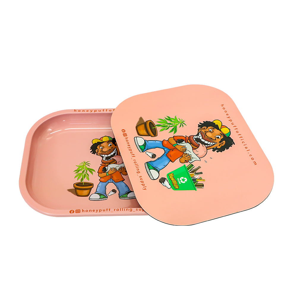 HONEYPUFF Green Tinplate Metal Rolling Tray, Soft Magnetic Lid Cigarette Rolling Tray, Smooth Rounded Edge Rolling Paper Tray, 7” x 5.5” Small Size Portable Rolling Trays