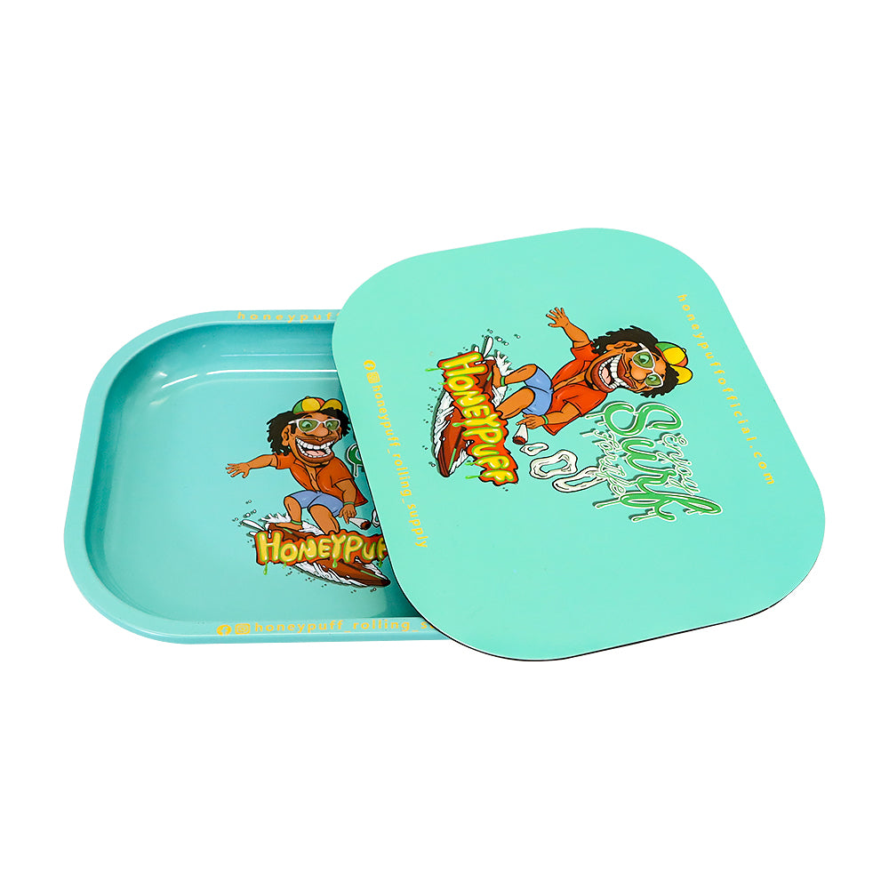 HONEYPUFF Green Tinplate Metal Rolling Tray, Soft Magnetic Lid Cigarette Rolling Tray, Smooth Rounded Edge Rolling Paper Tray, 7” x 5.5” Small Size Portable Rolling Trays
