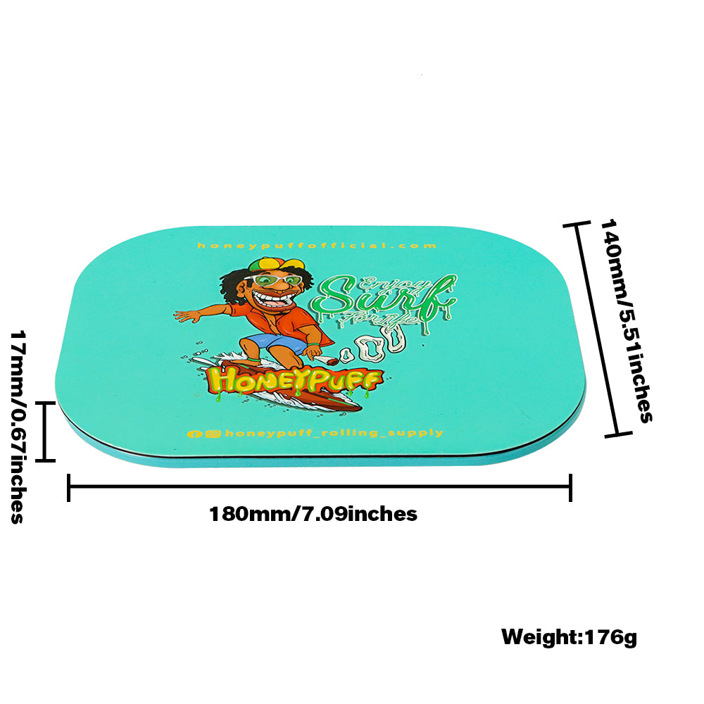 HONEYPUFF Green Tinplate Metal Rolling Tray, Soft Magnetic Lid Cigarette Rolling Tray, Smooth Rounded Edge Rolling Paper Tray, 7” x 5.5” Small Size Portable Rolling Trays