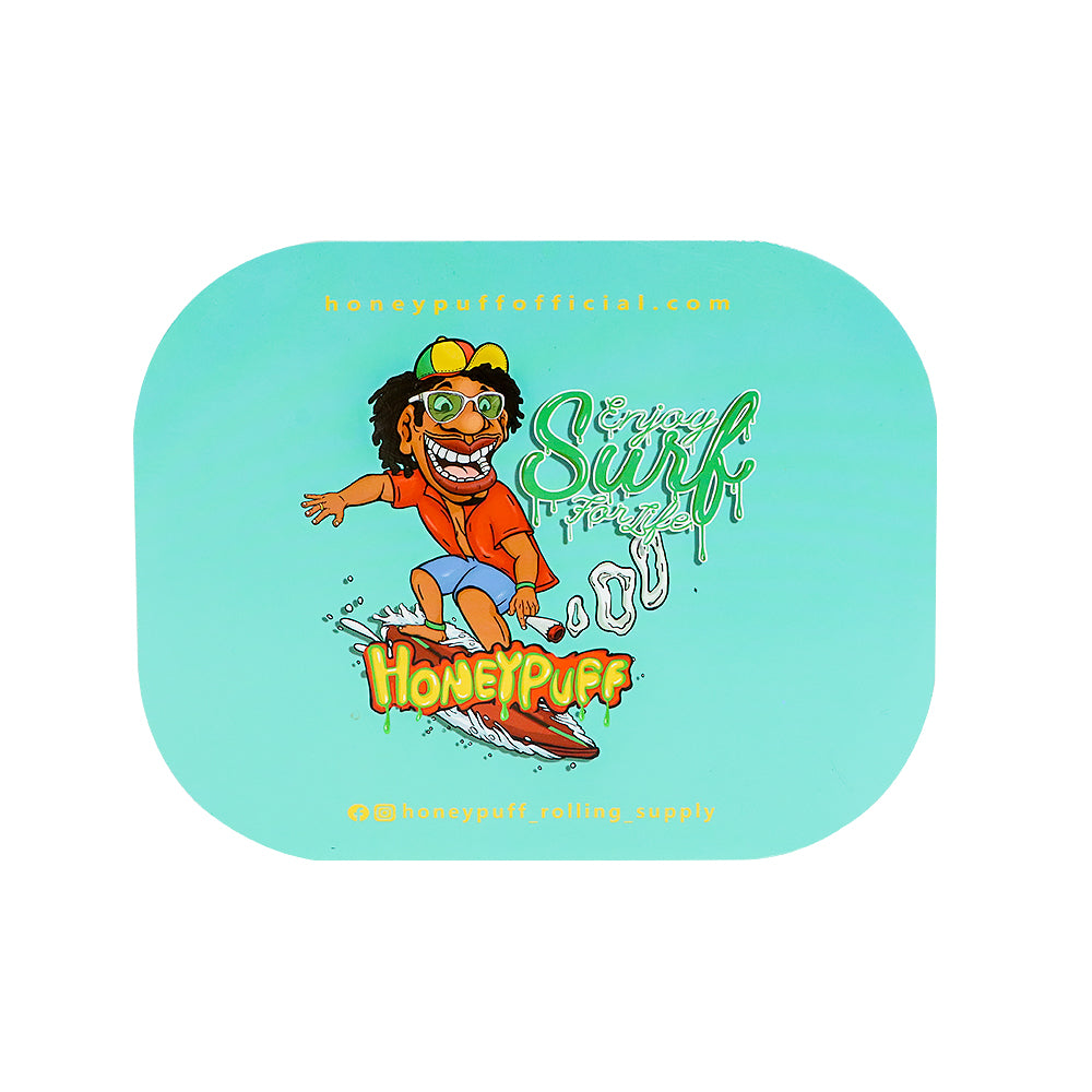 HONEYPUFF Green Tinplate Metal Rolling Tray, Soft Magnetic Lid Cigarette Rolling Tray, Smooth Rounded Edge Rolling Paper Tray, 7” x 5.5” Small Size Portable Rolling Trays