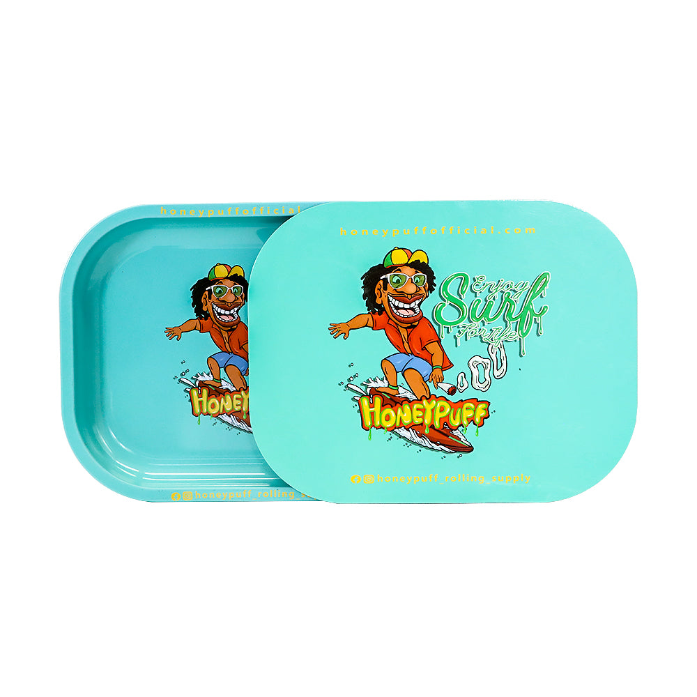 HONEYPUFF Green Tinplate Metal Rolling Tray, Soft Magnetic Lid Cigarette Rolling Tray, Smooth Rounded Edge Rolling Paper Tray, 7” x 5.5” Small Size Portable Rolling Trays