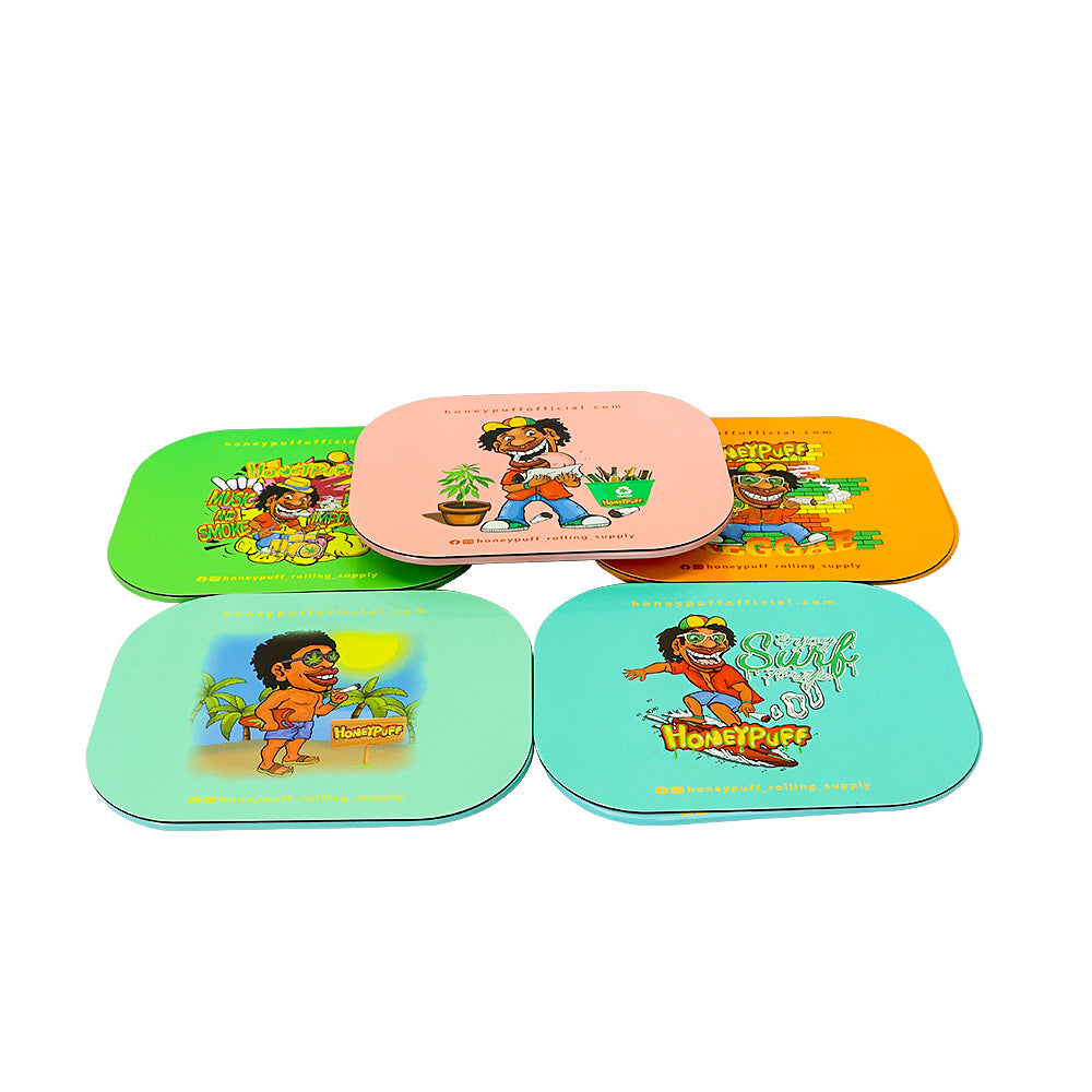 HONEYPUFF Green Tinplate Metal Rolling Tray, Soft Magnetic Lid Cigarette Rolling Tray, Smooth Rounded Edge Rolling Paper Tray, 7” x 5.5” Small Size Portable Rolling Trays