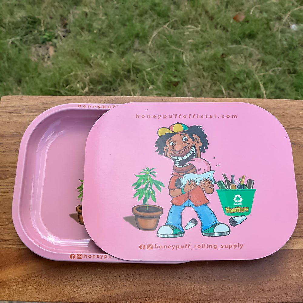 HONEYPUFF Green Tinplate Metal Rolling Tray, Soft Magnetic Lid Cigarette Rolling Tray, Smooth Rounded Edge Rolling Paper Tray, 7” x 5.5” Small Size Portable Rolling Trays