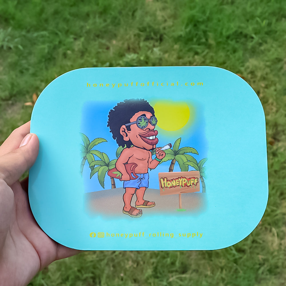HONEYPUFF Green Tinplate Metal Rolling Tray, Soft Magnetic Lid Cigarette Rolling Tray, Smooth Rounded Edge Rolling Paper Tray, 7” x 5.5” Small Size Portable Rolling Trays