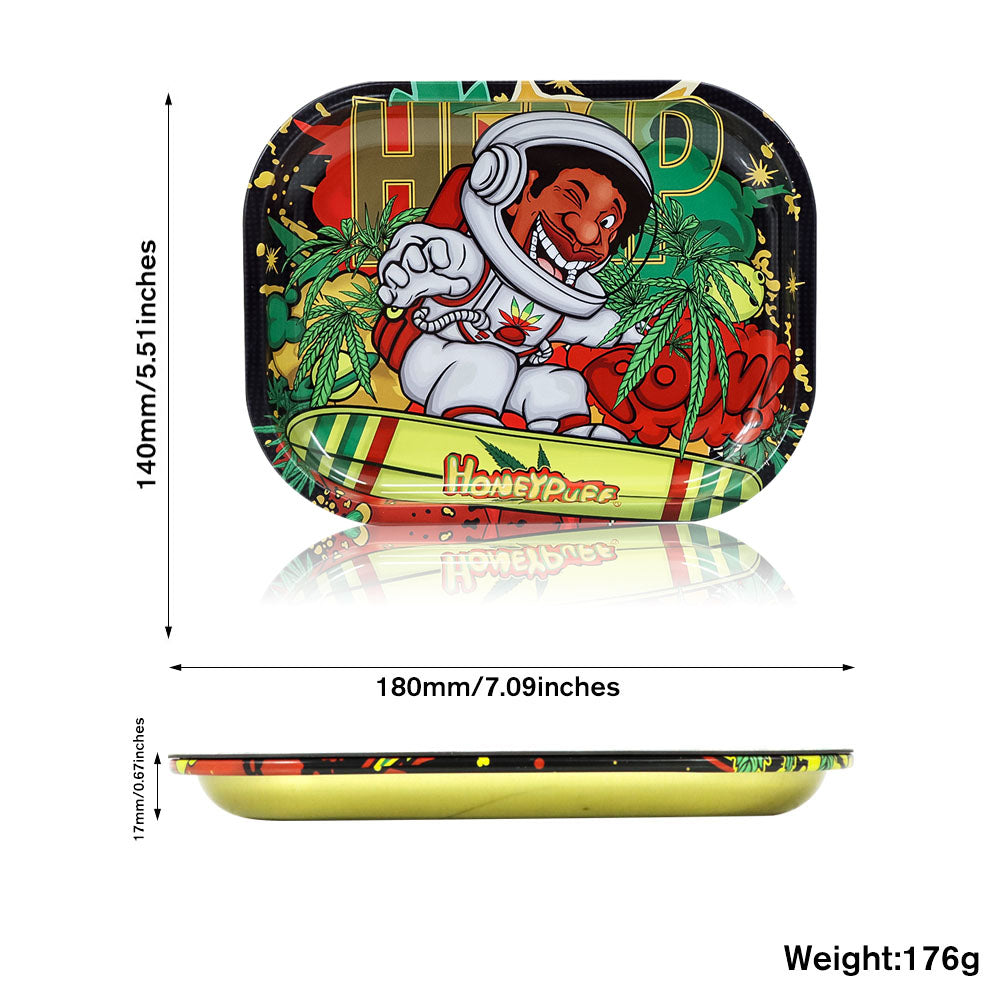 HONEYPUFF Tinplate Metal Rolling Tray with Soft Magnetic Lid, Portable & Decorative Rolling Paper Tray, Small Size 7” x 5.5” Rolling Trays