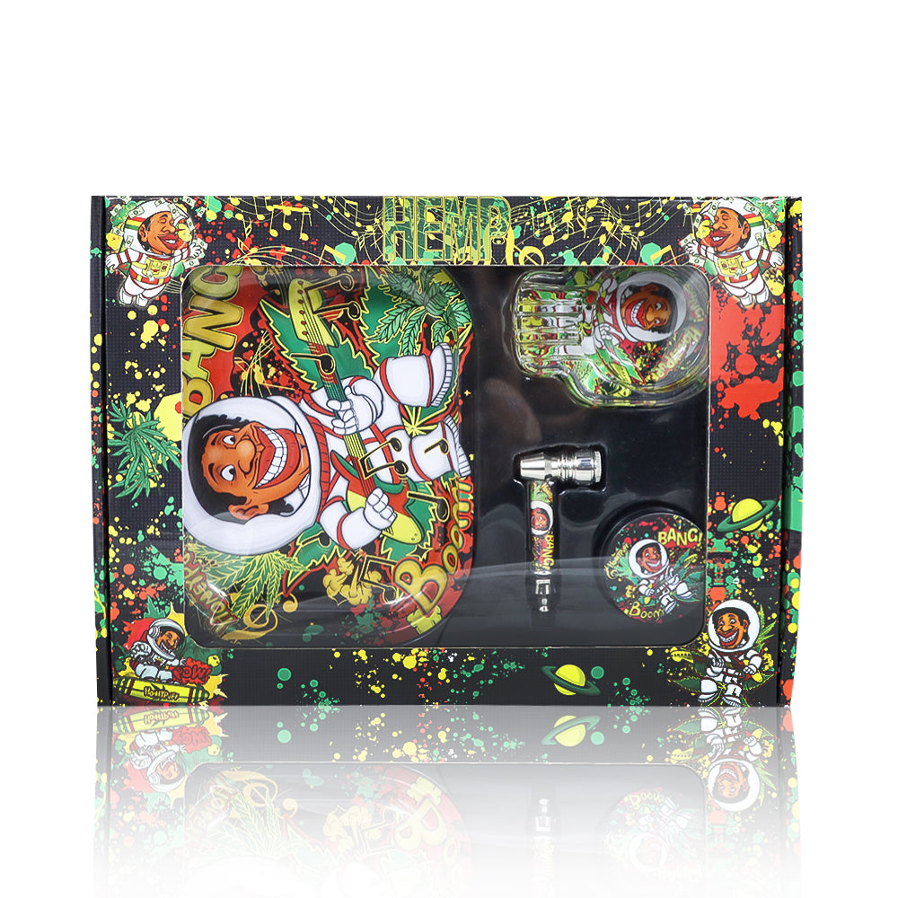 HONEYPUFF Rolling Tray Kit, 7” x 5.5 “ Size Metal Tolling Tray, 4 Lay Zinc Alloy Herb Grinder, Skull Shape Glass Ashtray, Glass Tobacco Pipe With Metal Bowl
