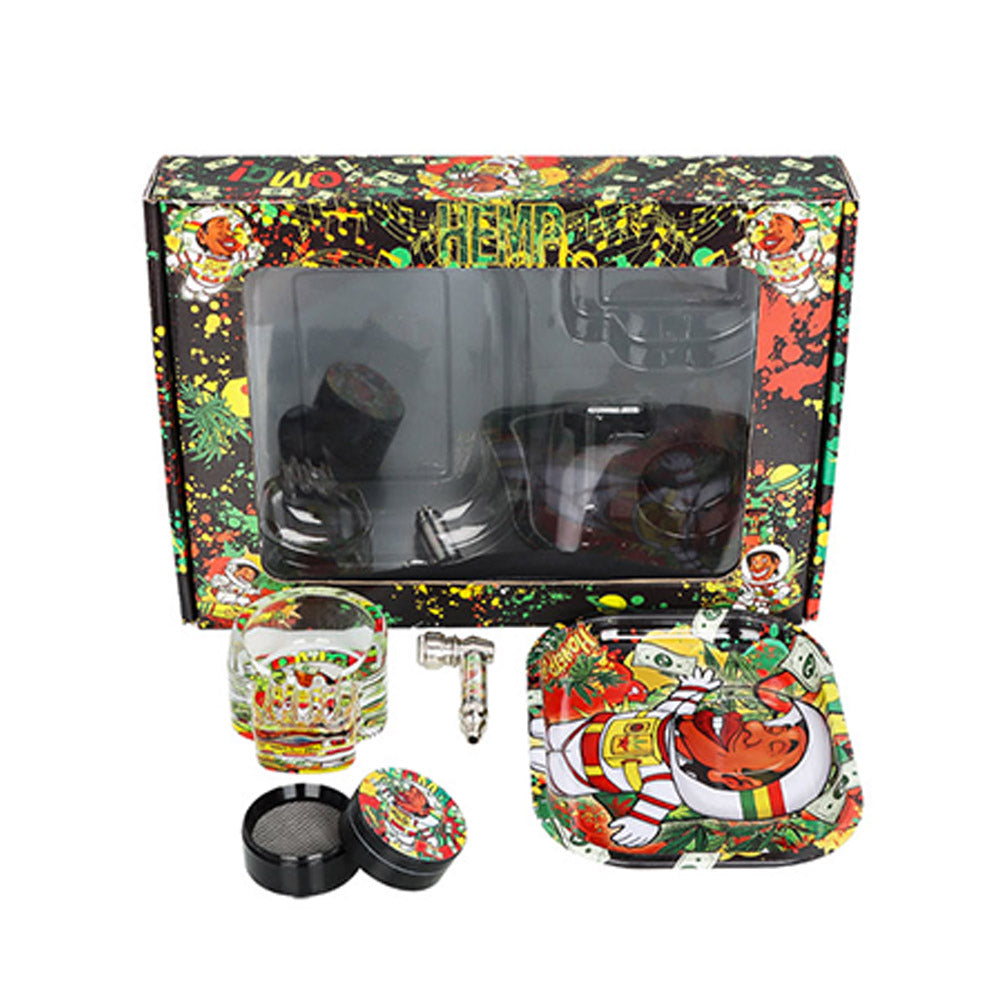 HONEYPUFF Rolling Tray Kit, 7” x 5.5 “ Size Metal Tolling Tray, 4 Lay Zinc Alloy Herb Grinder, Skull Shape Glass Ashtray, Glass Tobacco Pipe With Metal Bowl