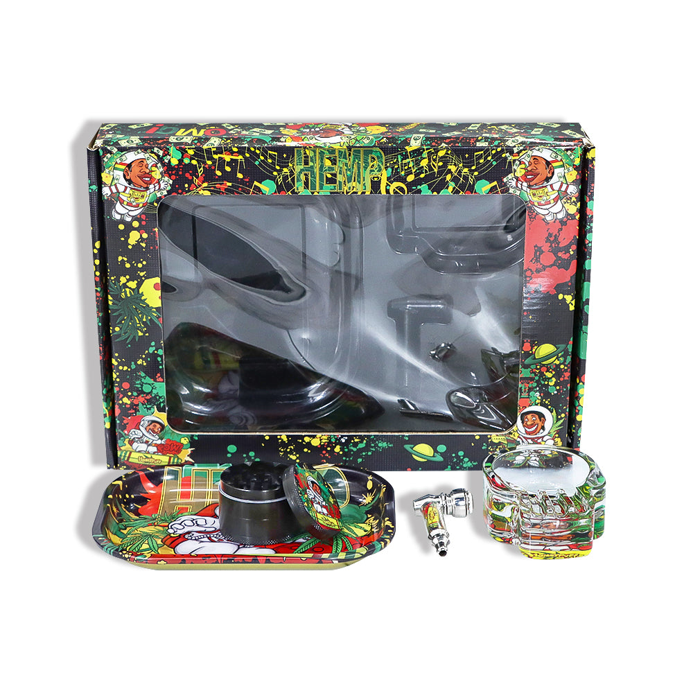 HONEYPUFF Rolling Tray Kit, 7” x 5.5 “ Size Metal Tolling Tray, 4 Lay Zinc Alloy Herb Grinder, Skull Shape Glass Ashtray, Glass Tobacco Pipe With Metal Bowl