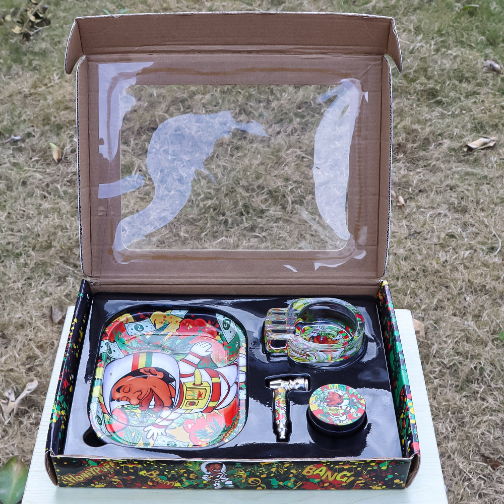 HONEYPUFF Rolling Tray Kit, 7” x 5.5 “ Size Metal Tolling Tray, 4 Lay Zinc Alloy Herb Grinder, Skull Shape Glass Ashtray, Glass Tobacco Pipe With Metal Bowl