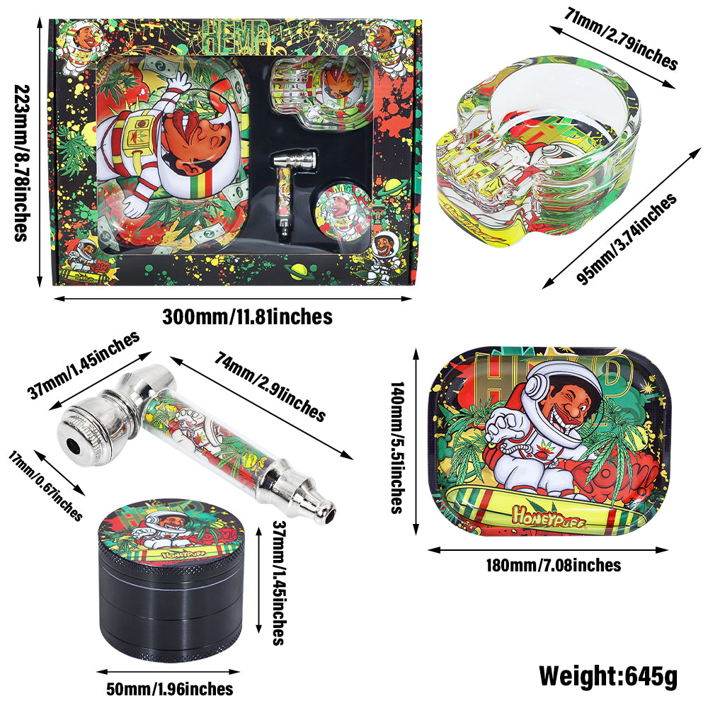 HONEYPUFF Rolling Tray Kit, 7” x 5.5 “ Size Metal Tolling Tray, 4 Lay Zinc Alloy Herb Grinder, Skull Shape Glass Ashtray, Glass Tobacco Pipe With Metal Bowl