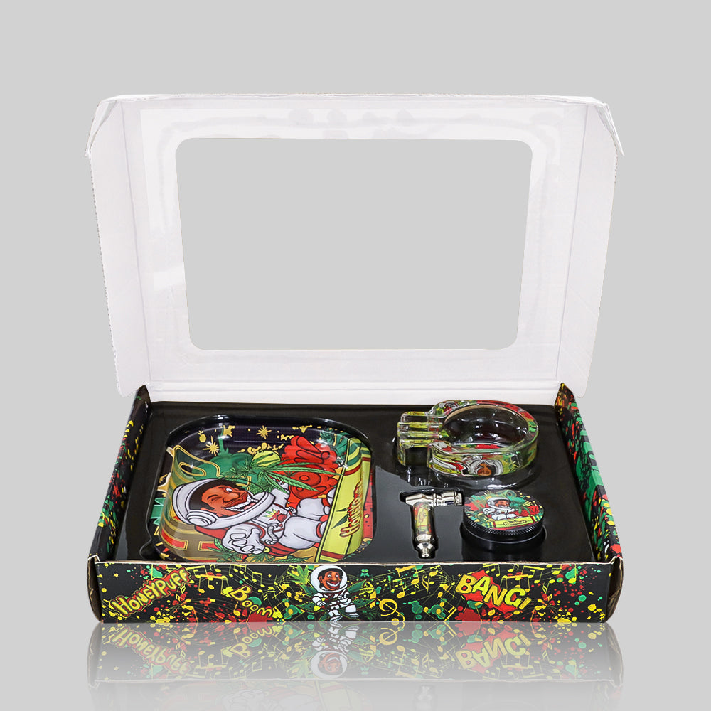HONEYPUFF Rolling Tray Kit, 7” x 5.5 “ Size Metal Tolling Tray, 4 Lay Zinc Alloy Herb Grinder, Skull Shape Glass Ashtray, Glass Tobacco Pipe With Metal Bowl