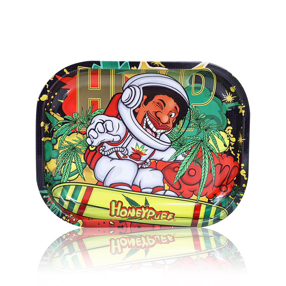 HONEYPUFF Rolling Tray Kit, 7” x 5.5 “ Size Metal Tolling Tray, 4 Lay Zinc Alloy Herb Grinder, Skull Shape Glass Ashtray, Glass Tobacco Pipe With Metal Bowl