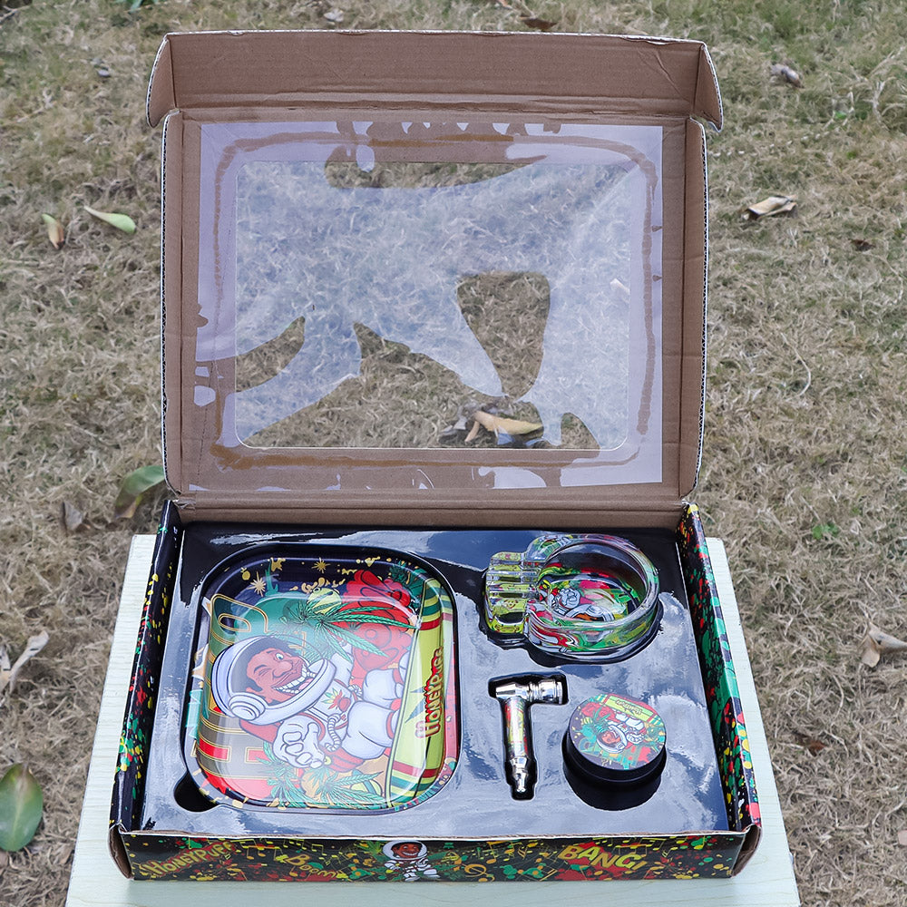 HONEYPUFF Rolling Tray Kit, 7” x 5.5 “ Size Metal Tolling Tray, 4 Lay Zinc Alloy Herb Grinder, Skull Shape Glass Ashtray, Glass Tobacco Pipe With Metal Bowl