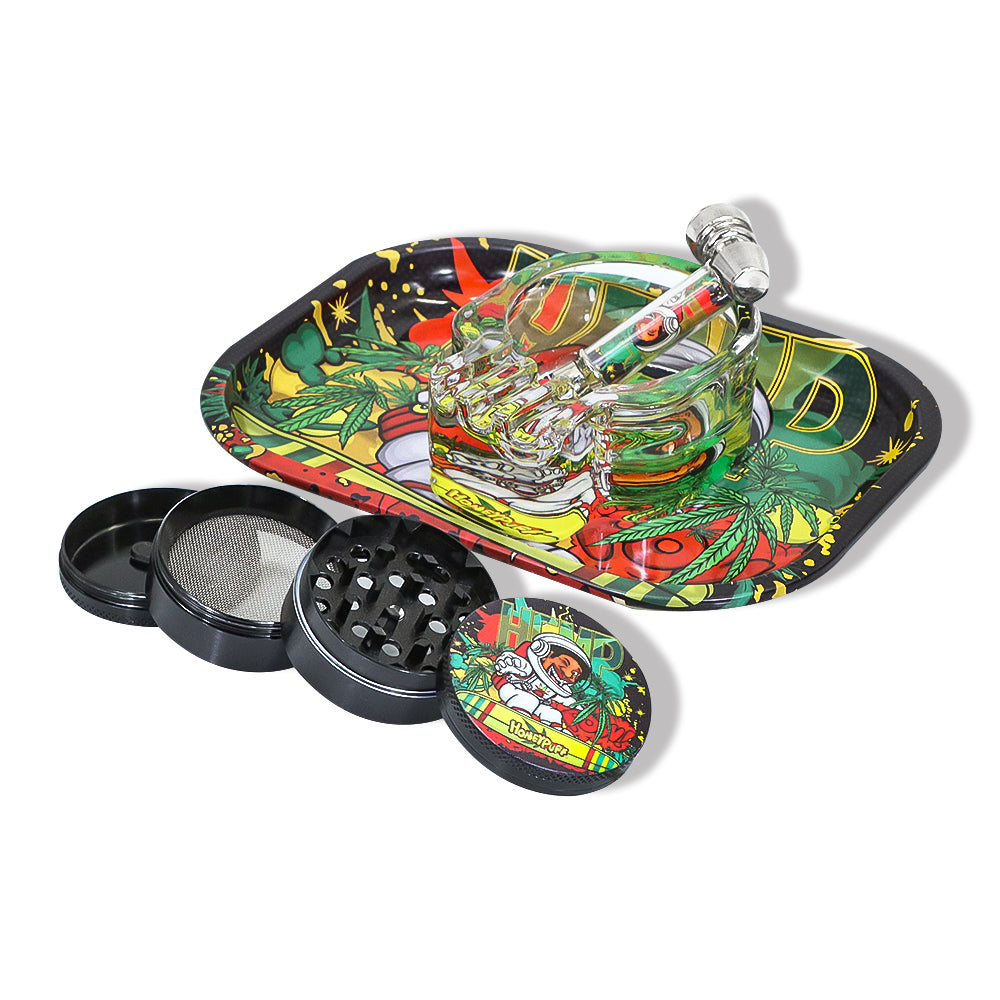 HONEYPUFF Rolling Tray Kit, 7” x 5.5 “ Size Metal Tolling Tray, 4 Lay Zinc Alloy Herb Grinder, Skull Shape Glass Ashtray, Glass Tobacco Pipe With Metal Bowl