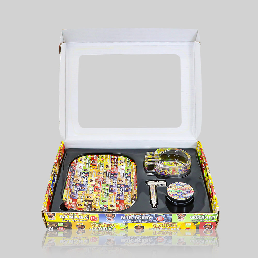 HONEYPUFF Rolling Tray Kit, 7” x 5.5 “ Size Metal Tolling Tray, 4 Lay Zinc Alloy Herb Grinder, Skull Shape Glass Ashtray, Glass Tobacco Pipe With Metal Bowl