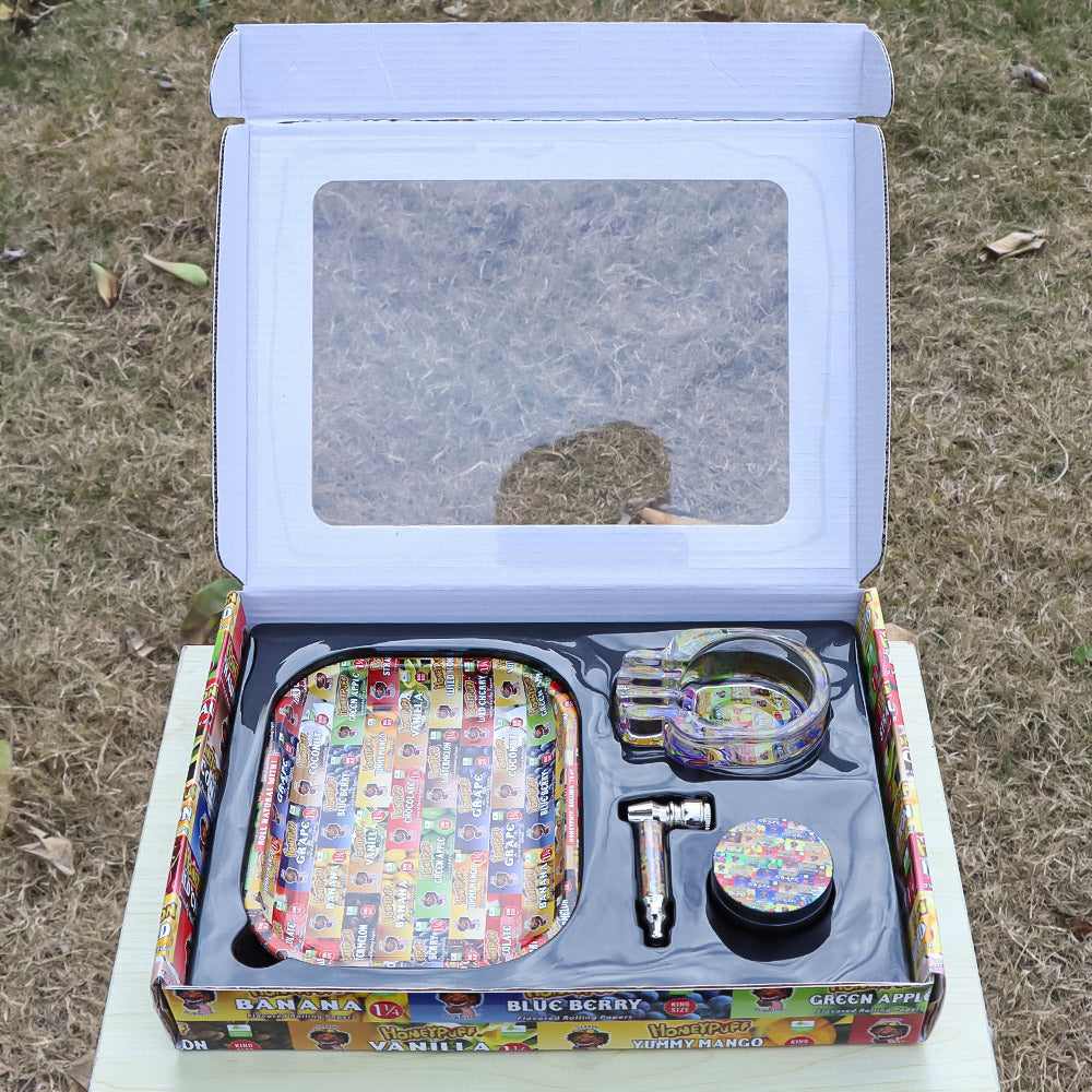 HONEYPUFF Rolling Tray Kit, 7” x 5.5 “ Size Metal Tolling Tray, 4 Lay Zinc Alloy Herb Grinder, Skull Shape Glass Ashtray, Glass Tobacco Pipe With Metal Bowl