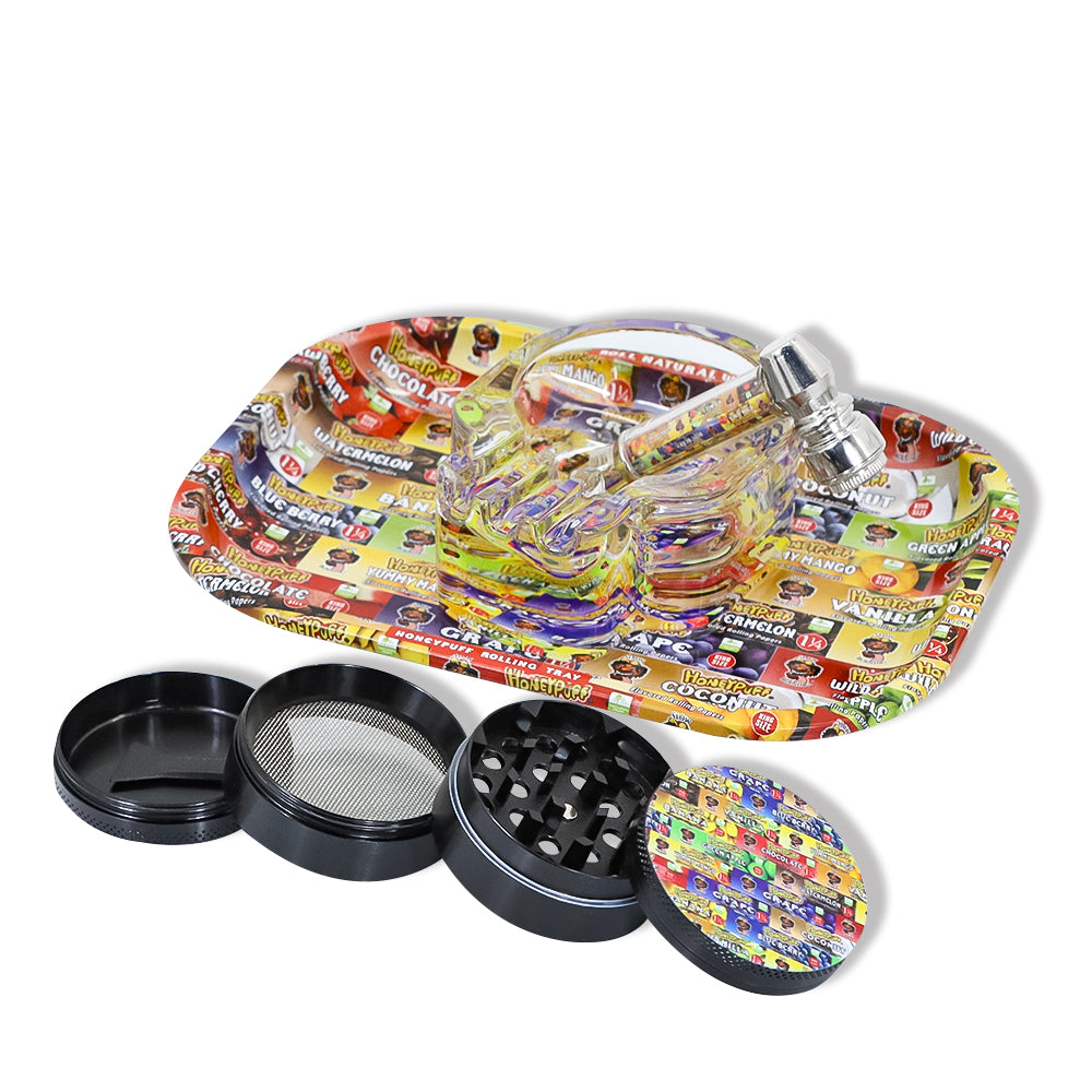 HONEYPUFF Rolling Tray Kit, 7” x 5.5 “ Size Metal Tolling Tray, 4 Lay Zinc Alloy Herb Grinder, Skull Shape Glass Ashtray, Glass Tobacco Pipe With Metal Bowl