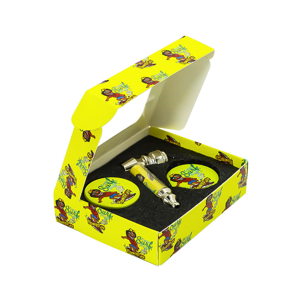 HONEYPUFF Yellow Package Tobacco Pipe Kit, Glass Smoking Pipe With Metal Blow & 4 Lay Tobacco Grinder