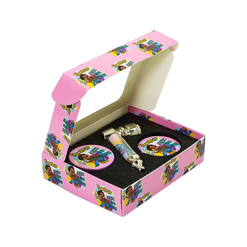 HONEYPUFF Pink Package Tobacco Pipe Kit, Glass Smoking Pipe With Metal Blow & 4 Lay Tobacco Grinder