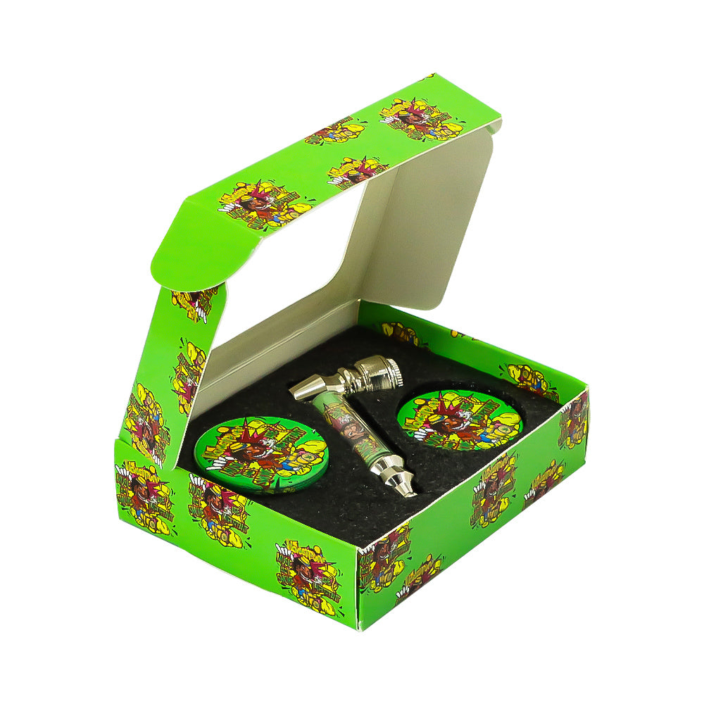 HONEYPUFF Green Package Tobacco Pipe Kit, Glass Smoking Pipe With Metal Blow & 4 Lay Tobacco Grinder