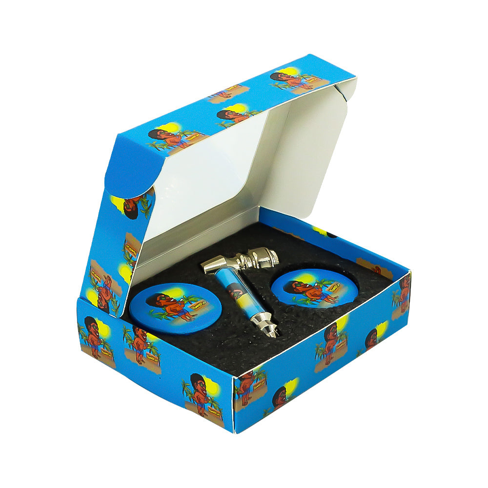 HONEYPUFF Blue Package Tobacco Pipe Kit, Glass Smoking Pipe With Metal Blow & 4 Lay Tobacco Grinder