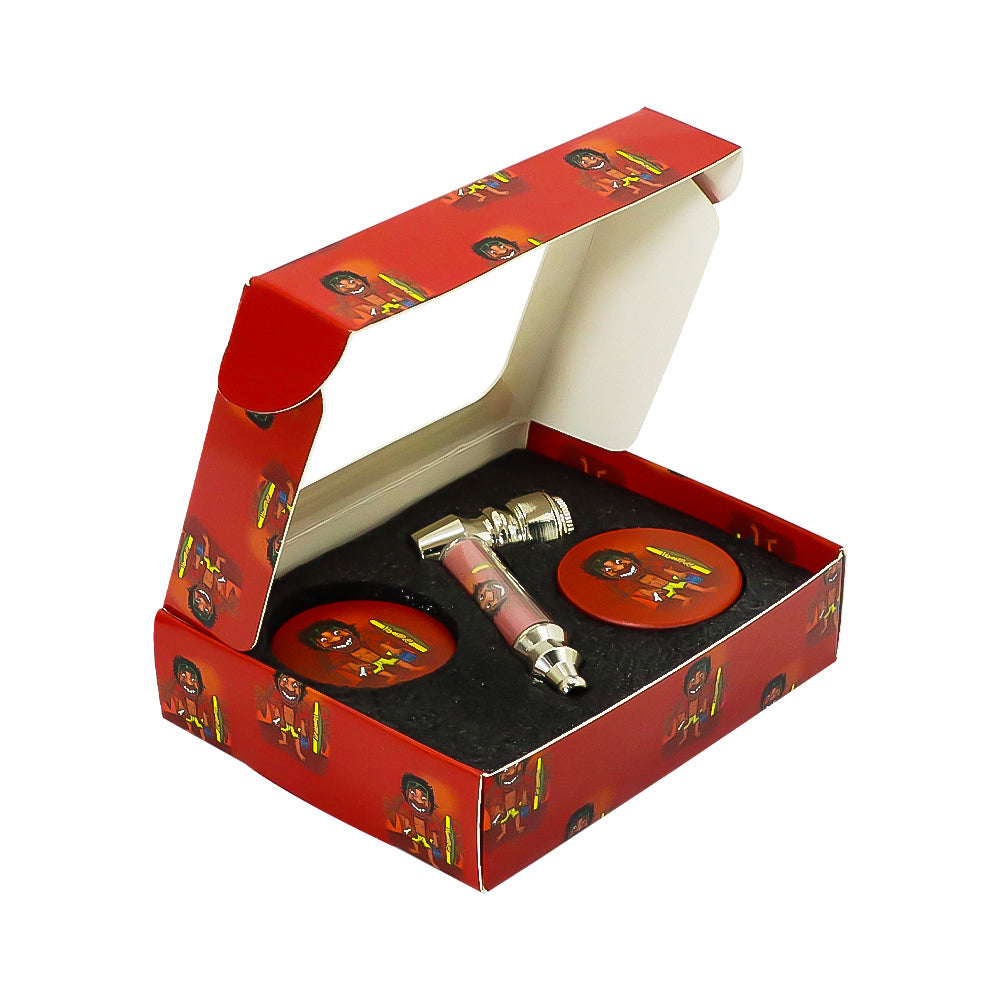 HONEYPUFF Red Package Tobacco Pipe Kit, Glass Smoking Pipe With Metal Blow & 4 Lay Tobacco Grinder
